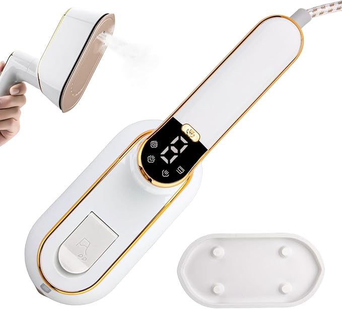 Micro Steam Iron for Clothes, Portable Handheld Travel Garment Steamers with LED Display, 3 Types Steam Mode, Rotating Foldable Dry & Wet Ironing, 1000W 20S Fast Heat Up Steaming (White-B)