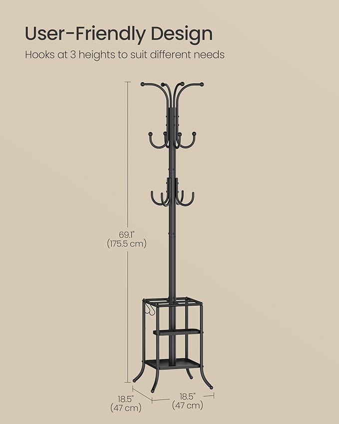SONGMICS Coat Rack Freestanding with Umbrella Holder, Metal Coat Rack Stand with 12 Hooks, for Entryway, Hallway, Living Room, Bedroom, Ink Black URCR082BH02S