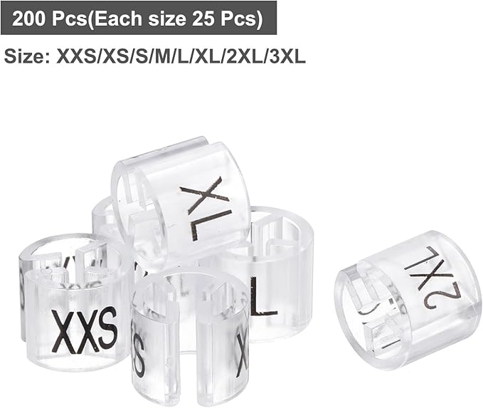 MECCANIXITY Clothes Hanger Marker XXS/XS/S/M/L/XL/2XL/3XL Size Tag Fit 3mm Rod Transparent for Garment Clothing Color Coding, 200Pcs