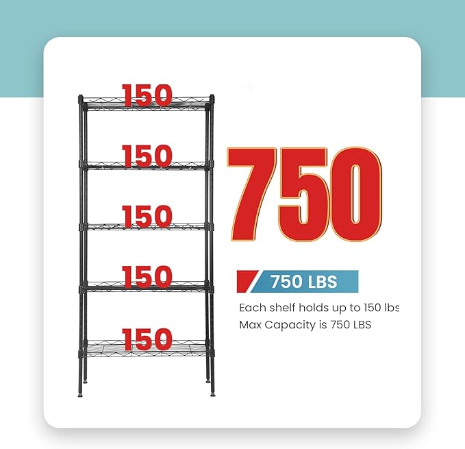 5-Tier Heavy Duty Metal Storage Shelves, NSF Certified Adjustable Wire Shelving Unit with Leveling Feet, 750 LBS Capacity Metal Rack for Garage, Kitchen, Pantry,Office,Black, 21.5"L x 11.6"W x 47.6"H