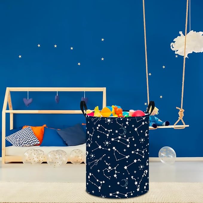CLOCOR Large Blue Round Laundry Hamper,Kids Toy Storage Basket,Baby Dirty Clothes Nursery Hamper for Boys and Girls,Bedroom,Bathroom,Gift Basket(Starry Sky)