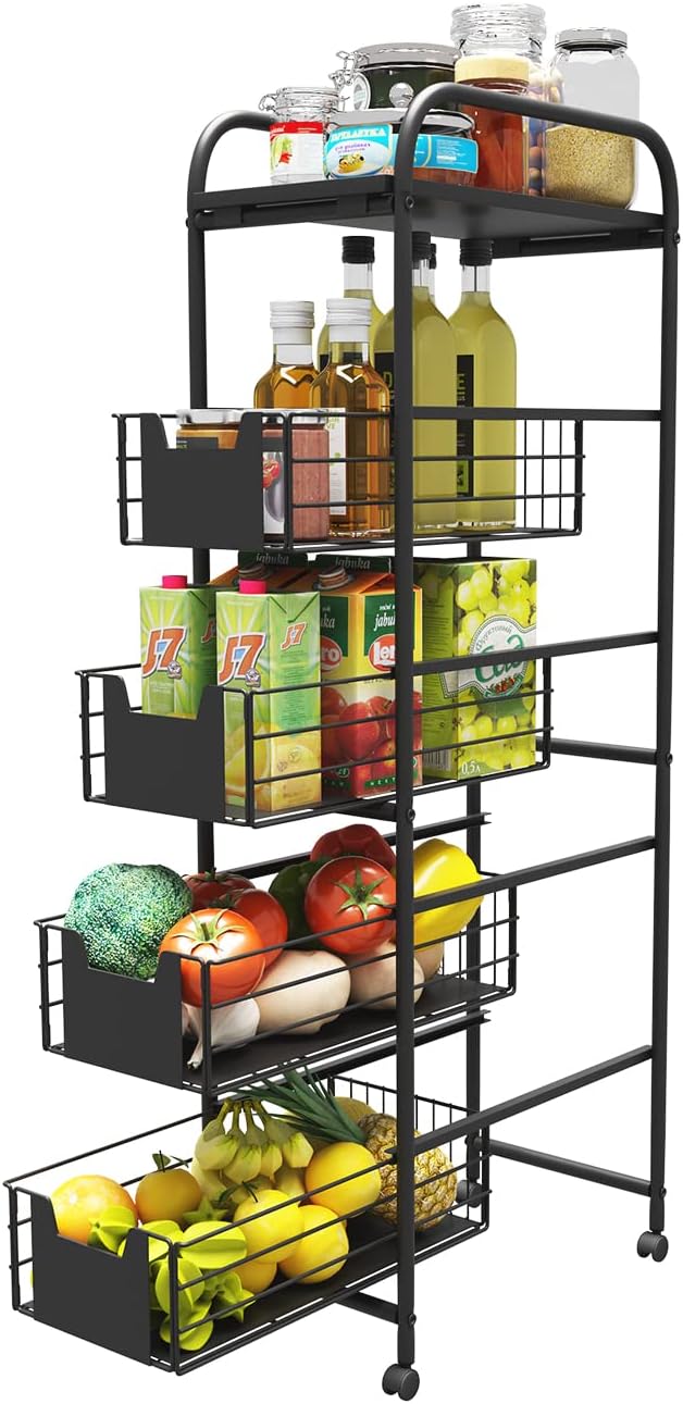 WHIFEA 5 Tier Slim Rolling Cart with Pull-Out Drawers, Multi-Layer Narrow Storage Shelf Organizer on Wheels, Metal Wire Baskets for Fruit, Dishes, Freestanding Unit for Kitchen, Bathroom, Home Office