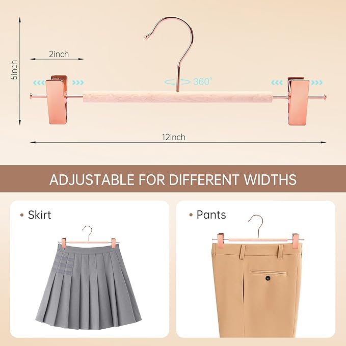Wooden Pants Hangers with Clips 12 Pack, Heavy Duty Adjustable Clip Non Slip Skirt Hanger for Jeans, Trousers, Short, Clothes, Space Saving Closet Organizer (Rose Gold, 12 Pack)