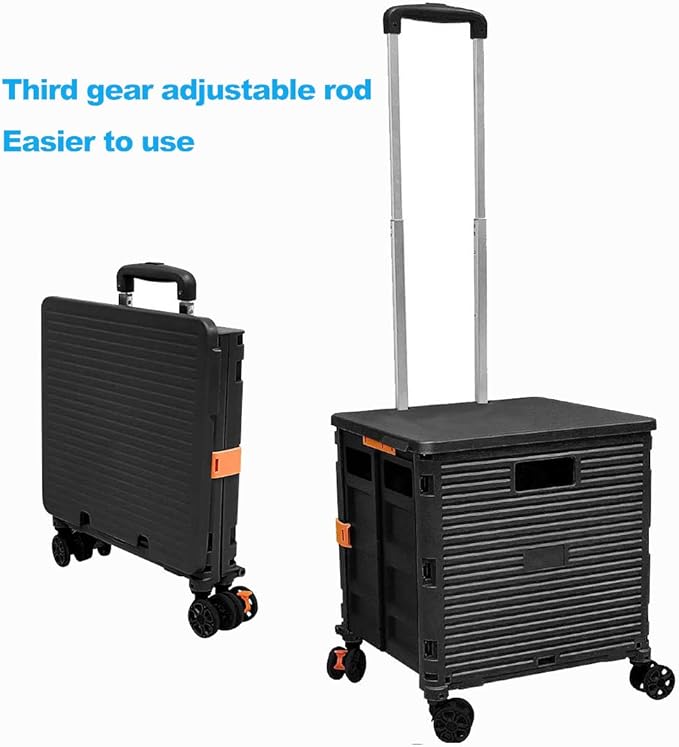 Foldable Utility Cart Folding Portable Rolling Crate Handcart Shopping Trolley Wheel Box with Lid Wear-Resistant Noiseless 360°Rotate Wheel for Travel Shopping Moving Storage Office Use (Black)