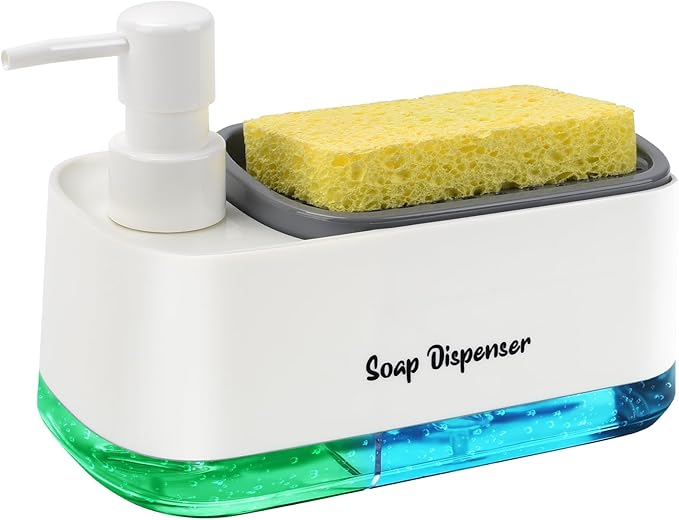 Kitchen Dish Soap Dispenser Set，Dish and Hand Soap Dispenser with Sponge Holder, 3-in-1 Countertop Sponge Dual Soap Pump Dispenser for Kitchen Sink - White