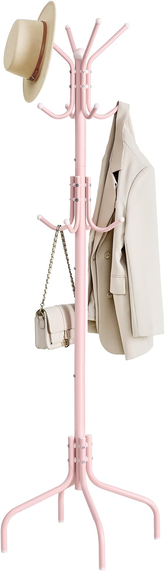 SONGMICS Coat Rack Freestanding, Metal Coat Rack Stand with 12 Hooks and 4 Legs, Holds Clothes, Hats, and Bags, for Entryway, Living Room, Bedroom, Jelly Pink URCR031R01