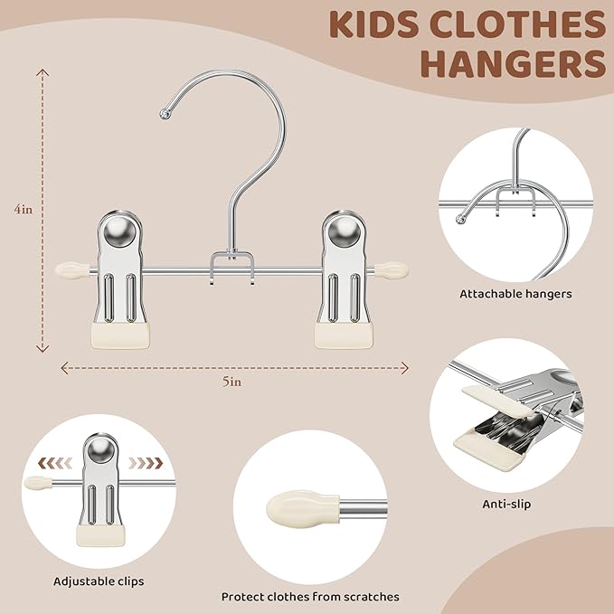 24 Pack Baby Hangers with Clips, 360°Rotatable Toddler Pant Hangers with Clips, Non-Slip Space Saving Kids Hanger for Newborn Children Clothes Skirts Boots Closet Organizers, Off-White