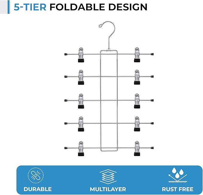 Pants Skirt Hangers Space Saving Heavy Duty 5 Tier Pack of 3 Metal Hangers - Clothes Hangers, Stainless Steel Hangers with Clips for Pants, Skirts, Jeans- Durable and Non-Slip Clothes Hangers