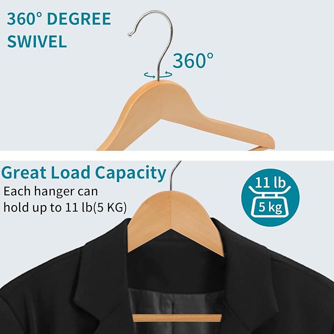 20 Pack Wooden Coat Hangers, 360° Swivel Hook, Suit Hangers with Anti-Slip Notches, Clothes Hangers for Jackets, Shirts, Dress, Natural UAWY0520N