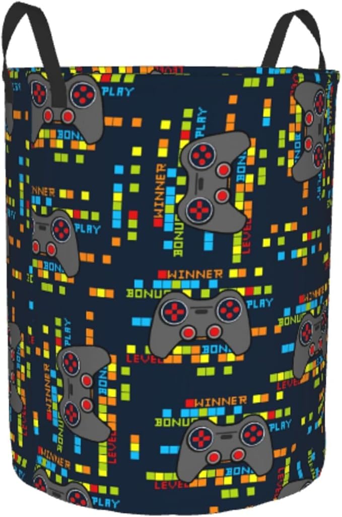 Game Joystick Gaming Pixels Round Laundry Hamper Storage Basket Toys Clothes Organizer Bin For Home Bathroom Bedroom Dorm Nursery, 62l