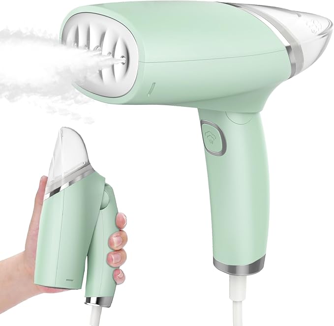 Steamer for Clothes, Foldable Handheld Steamer, 1000W Fabric Wrinkle Remover with Brush & Measure Cup& travel bag Lightweight Fabric Steam Iron for Home and Travel (Green)