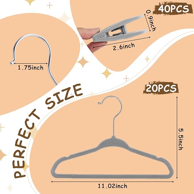 Soaoo 40 Pcs Baby Velvet Clips with 20 Baby Velvet Hangers, Pants Hangers Strong Finger Clips, Non Slip Kids Hanger for Kids, Toddler, Children's Closet & Nursery Closet (Grey)