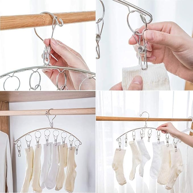 Clothes Hanger with 10 Clips, Stainless Steel, Windproof, for Drying Socks, Bras, Underwears, Baby Clothes, Hats, Scarfs, Towels, Pants and Gloves (6 Pack)