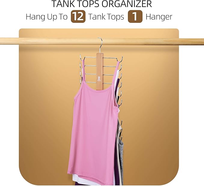 ZEDODIER Tank Top Hanger，2 Pack Wooden Bra Organizer for Closet, Maximum 12 Storage Capacity, Top 360° Rotation, Hanging Space Saving Hook for Tank Tops, Sport Bras, Camisoles, Lingeries