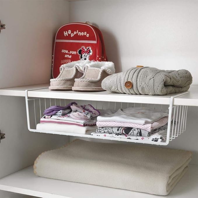 Modern Home Under Shelf Wire Storage Baskets – Hanging Organizer Rack for Cabinet, Pantry, or Closet – White Metal Basket for Kitchen, Towels, or Office – No Tools Required (Set of 2 19")