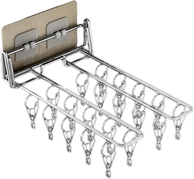 Wall Mounted Sock Clip Stainless Steel Folding Clothes Hanger Rack Space Saving Windproof Drying Rack Balcony Storage