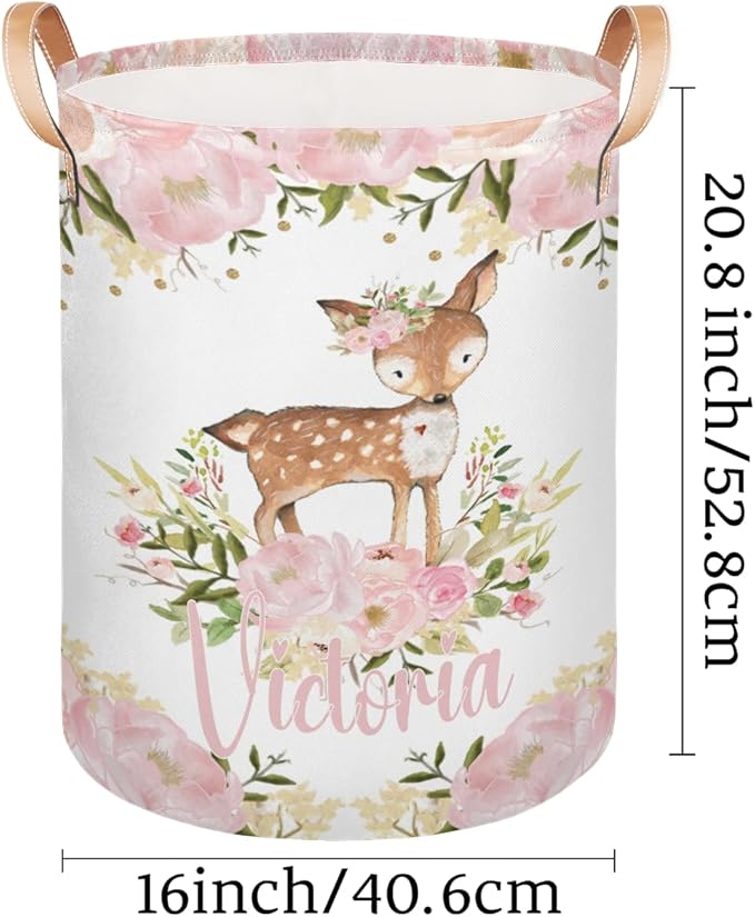 Personalized Laundry Basket, Custom Gift Laundry Hamper, Collapsible Nursery Waterproof Laundry Baskets, Dirty Clothes Toy Hamper with Handles Pretty Deer Woodland Forest