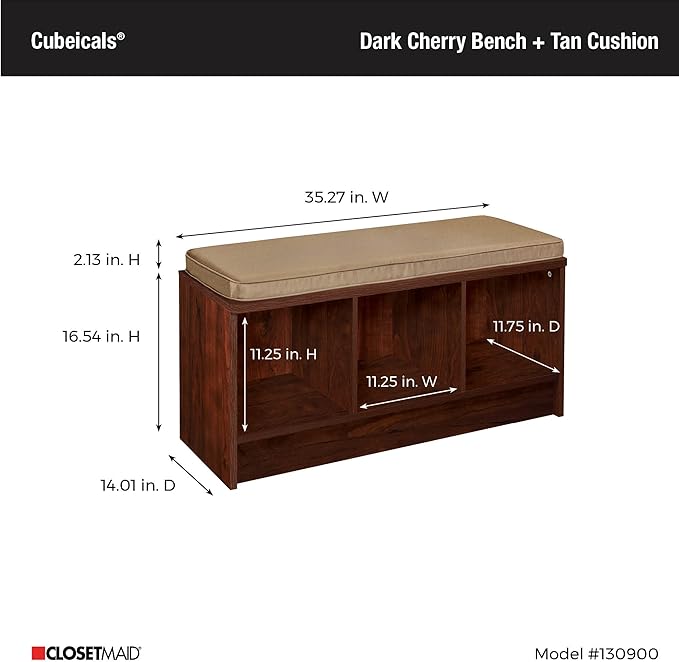 ClosetMaid 1309 3-Cube Storage Bench, Dark Cherry with Tan Cushion