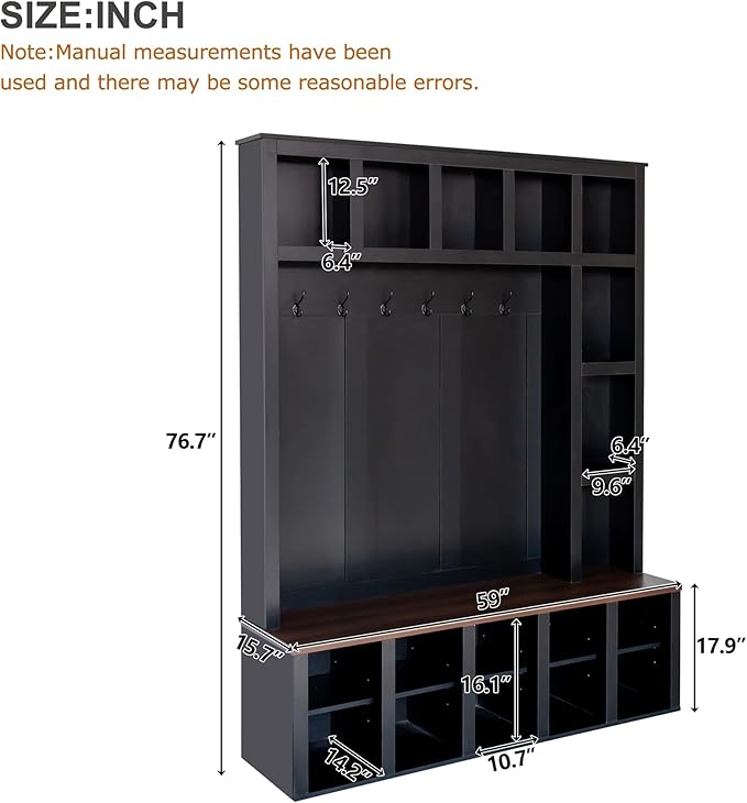 Farmhouse Entryway Bench with Coat Rack, Wooden Hall Tree with 6 Hooks, Walnut Storage Bench with Adjustable Shelves, 4-in-1 Entryway Shoe Cabinet with 13 Cubbies for Mudroom