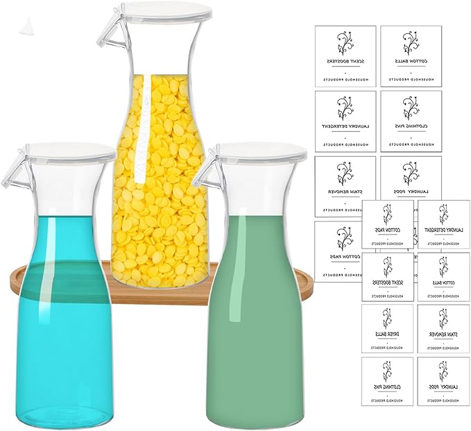 Liquid Laundry Detergent Dispenser with Tray, 20oz Laundry Soap Dispenser, Plastic Refillable Laundry Detergent Container Organizer for Laundry Room Organization with 16 Waterproof Labels, 3 Pack