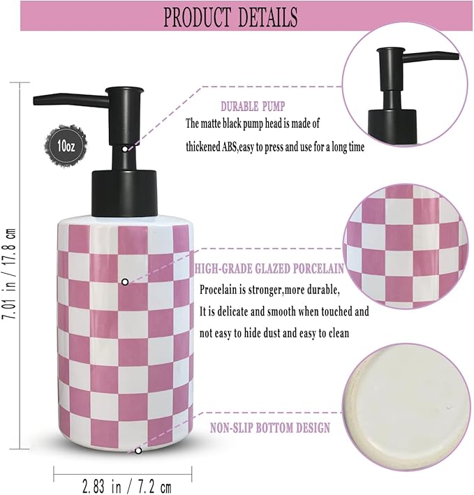 Bathroom Soap Dispenser with Matte Black Pump White Ceramic Soap Dispenser for Kitchen Checkerboard Empty Pump Bottle (Pink)