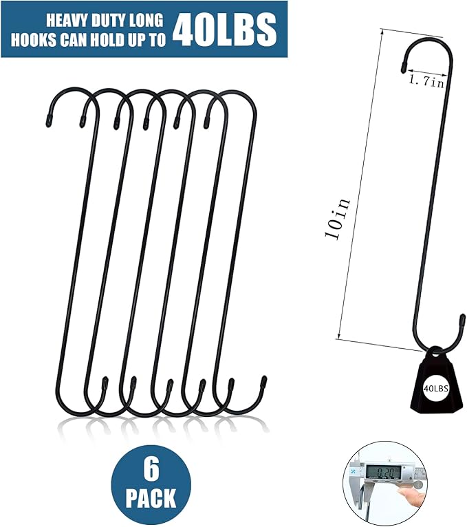 6 Pack 10 inch Extra Large S Hooks for Hanging Plants,Black Heavy Duty Long Plant Hook for Hanging Baskets Outdoor Plant Hangers Extension Hooks for Bird Feeders,Kitchenware,Pergola,Outdoor