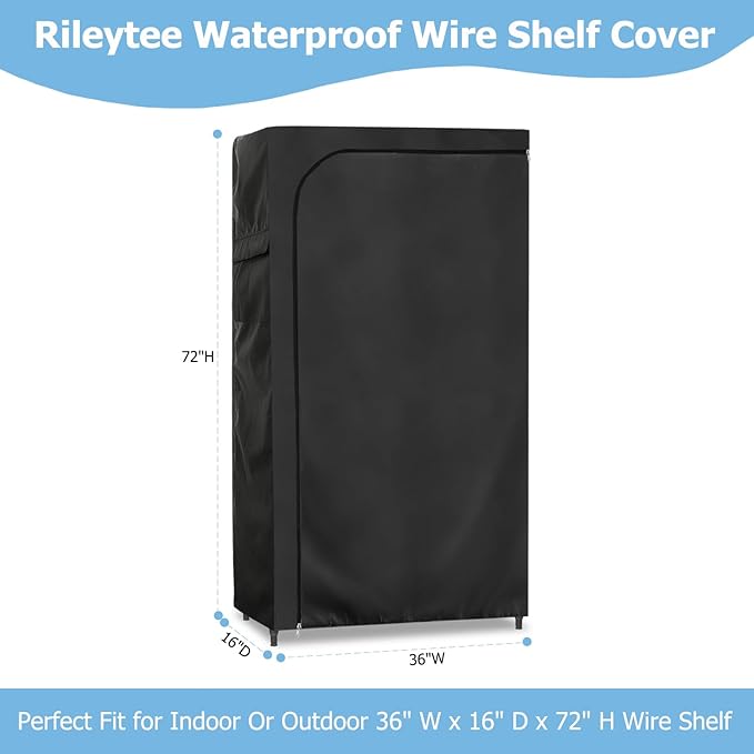 Rileytee Wire Shelf Cover,Heavy Duty 600D Dustproof Waterproof Shelf Covers for Wire Shelving,Outdoor Storage Rack Cover for Wire Rack with Zipper,Black,36"W x 16"D x 72"H