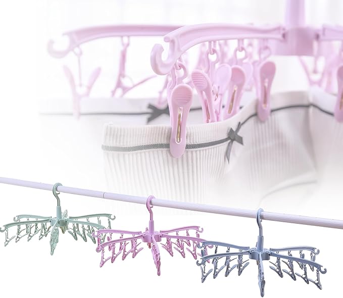 Foldable Drying Rack with 24 Clips for Drying Socks Lingerie Baby Clothes Drying Towels Rotatable Sock Drying Rack 2 PCS (Pink)