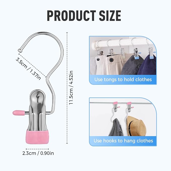 Clothes Pins Hanging Clips, 2025 Upgrade Space-Saving Clothespin Hat Pants Storage Hanging Travel Hook, Multifunctional Hanger Hooks Anti Rust Clips for Clothes (20, Blue)