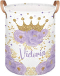 Personalized Laundry Basket, Custom Gift Laundry Hamper, Collapsible Nursery Waterproof Laundry Baskets, Dirty Clothes Toy Hamper with Handles Floral Gold Crown Princess