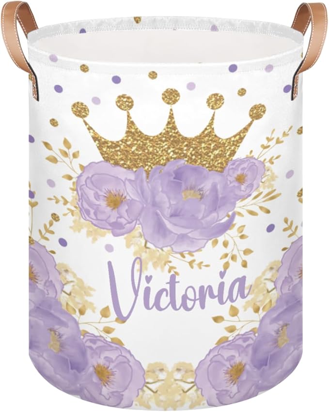 Personalized Laundry Basket, Custom Gift Laundry Hamper, Collapsible Nursery Waterproof Laundry Baskets, Dirty Clothes Toy Hamper with Handles Floral Gold Crown Princess