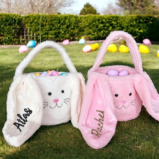 Embroidered Personalized Bunny Bag with Name, Kids Spring Egg Hunt Tote, Baby Boys & Girls Holiday Gift, Custom Monogram Rabbit Carry BaBasket for Easter Egg Hunt