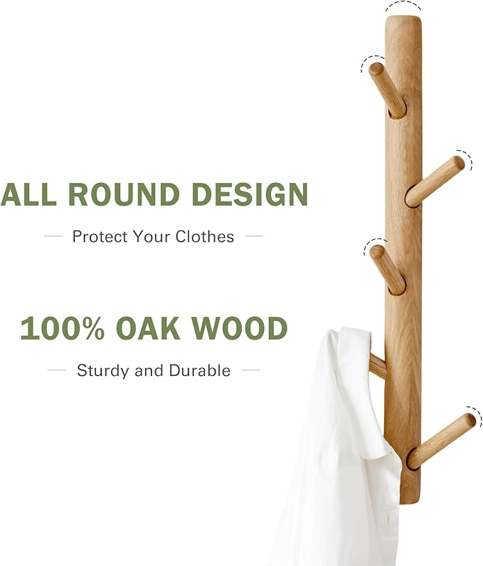 Vertical Coat Rack Wall Mounted - Height 20 Inches, Oak Wood Vertical Hat Rack for Wall with 5 Hooks, Modern Coat Rack Tree for Hanging Hats, Jackets, Bags in Entryway Bedroom Office
