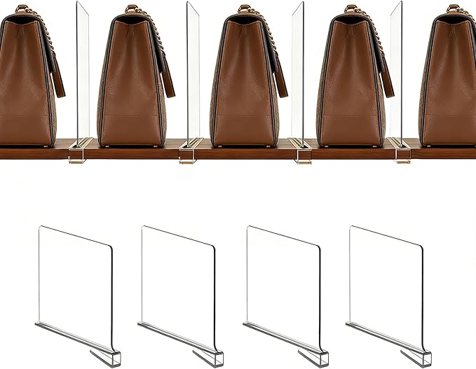 4 Pack Shelf Divider for Closet Acrylic, Clear Purse Organizer for Closet Perfect for Sweater, Shirts, Handbags in Bedroom and Kitchen, Acrylic Bookshelf for Organization