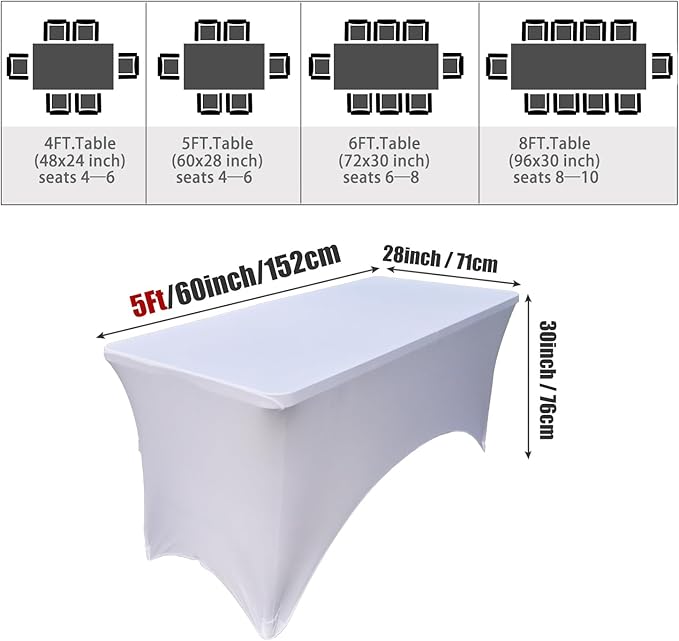 6 Pack - Elegant White Stretch Spandex Table Cover (60Lx28Wx30H Inches), Non-Iron Fitted Tablecloth for 5-Foot Rectangular Folding Tables -Ideal for Banquets, Weddings & Festivals