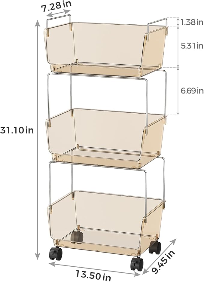 Delamu 3-Tier Metal Rolling Cart for Kitchen, Bathroom, Office, Plastic Utility Storage Carts with Wheels, Ideal for Small Spaces, Pantry, Classroom, Workshop Organization and Storage, Amber