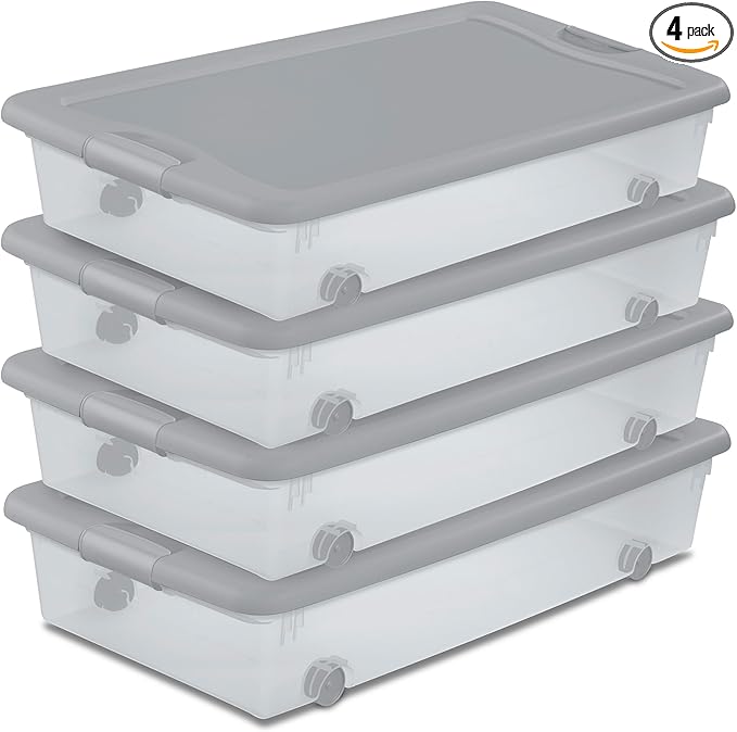 Sterilite 4-Pack 56 Quart Wheeled Latching Box, Underbed Plastic Storage Organizer, Silver - Under Bed Rolling Container Bin with Lid and Wheels for Home or Dorm Bedrooms and Closets