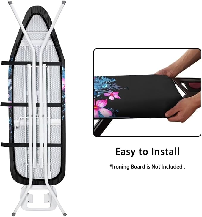 Blue Floral Butterfly Ironing Board Cover Scorch Resistant, Extra Thick Covers with Elastic Edge, Cord Lock, Hook and Loop Fasteners, Iron Board Cover for Standard Boards
