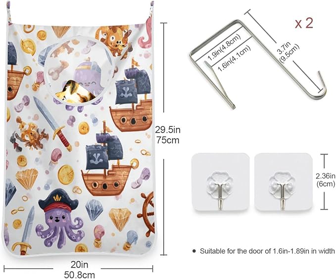 Cute Pirate Octopuses Sailboats Diamonds Hanging Laundry Hamper Door Hampers Bag Basket with Stainless Steel Hooks Oxford Fabric Printing Decorative Clothes Bags 29.5X20inch 1Pack