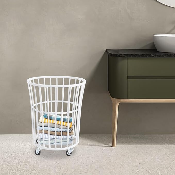 Metal Laundry Basket, Rolling Laundry Hamper with Wheels, Round Mesh Iron Basket Storage Clothes Organizer with Locking Casters for Laundry Room Bathroom Bedroom Closet Dorm (White)