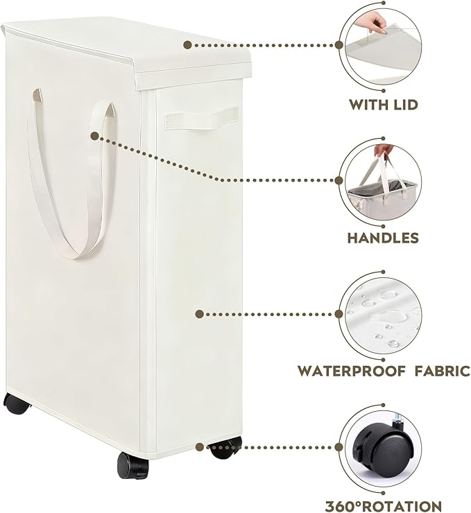 Slim Laundry Hamper with Lid and Wheels, Small Rolling Laundry Basket with Handle for Small Spaces, Tall Dirty Clothes Hampers for Dorm, Bathroom and Bedroom, 85L, Beige