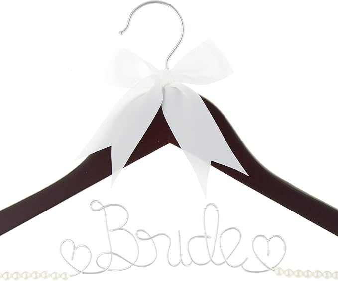 Ella Celebration Bride to Be Wedding Dress Hanger Wooden and Wire, Accented with Pearls and A Bow Bridal Hangers for Brides (Mahogany with Silver Wire and Pearls)