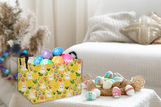 Easter Basket for Kids Gift Bunny Easter Basket Empty Baby Basket for Boys and Girls Cute Storage Basket Organizer Bin Box.(yellow eggs)