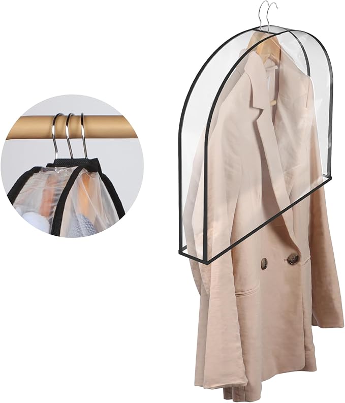 KEEGH 18"H Shoulder Covers for Clothes (Set of 12) Breathable Garment Covers Closet Dust Covers Protectors Hanger Covers for Clothes, 2" Gusset Hold More Suit, Coats, Jackets, Dress, Clear/Black