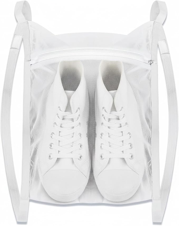 Sneaker Laundry Bags, Large Honeycomb Mesh Wash & Dry Net Bag with Zipper and Strap for Shoes, Universal Size for Most Dryers, 15.7" White Mesh Bag