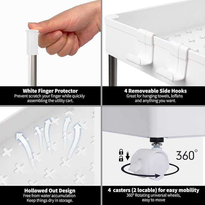 4 Tier Slim Storage Cart Mobile Shelving Unit Organizer Slide Out Storage Rolling Utility Cart Tower Rack for Kitchen Bathroom Laundry Narrow Places, Plastic & Stainless Steel, White