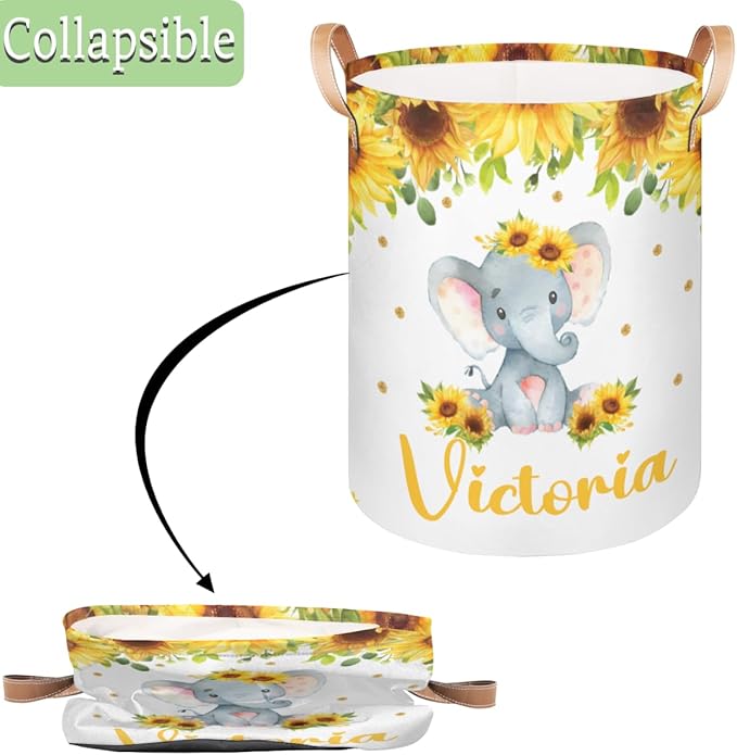 Personalized Laundry Basket, Custom Gift Laundry Hamper, Collapsible Nursery Waterproof Laundry Baskets, Dirty Clothes Toy Hamper with Handles Elephant Sunflower Floral