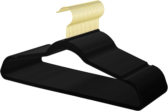 TIMMY 36-Pack Velvet Hangers with Gold Hooks - Space-Saving Non-Slip Heavy-Duty Clothes Hangers for Coats, Suits, Dresses, and Sweaters - Slim Design(Black+Gold)