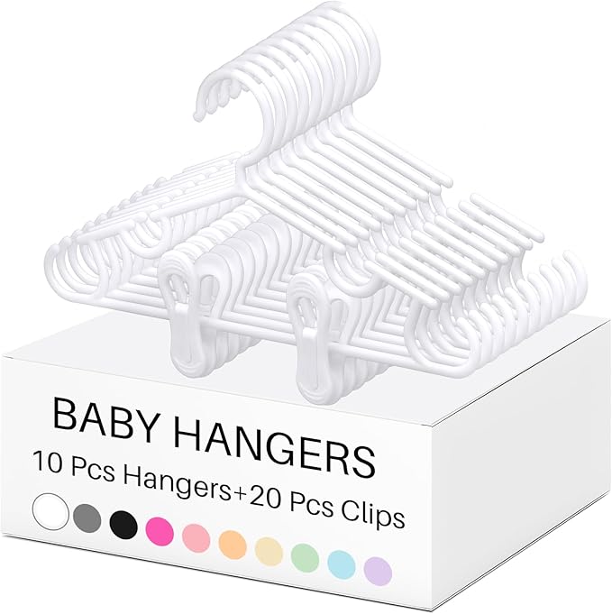 Hsei 5/10/40 Pack Baby Hangers with 10/20/80 Clips, Plastic Kids Pants Hangers for Nursery Closet Top and Bottom Clothes Hanger Set for Newborn Infant Toddler(30 Packs Total,White,10.6 Inch)