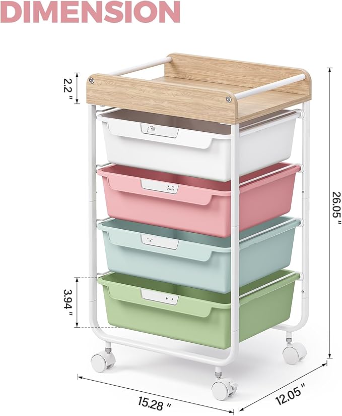 APEXCHASER Plastic Drawer Organizers with Wheels, 4-Tier Rolling Storage Cart with Wooden Top, Plastic Drawer Unit for Kids’ Toys, Office Supplies, Nursery Essentials, and Laundry Storage,Colorful
